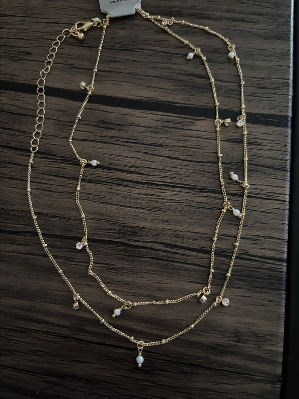 a new day Gold Layered Necklace with White Pearl and Clear Crystal Accents